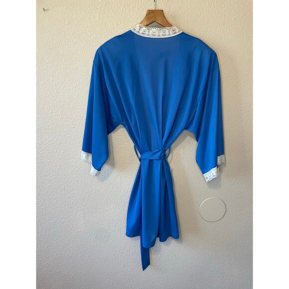 VTG Hand Made Blue Lace Trim 3 Piece Pajama Sleep Set Robe Shirt & Pants Small - Picture 7 of 12